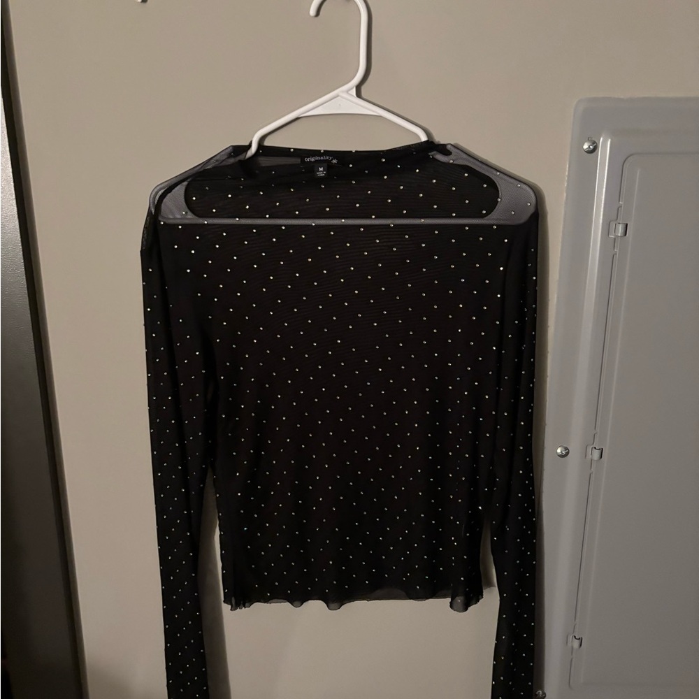 Black Long-Sleeve Sheer Top with Silver Stud Detail